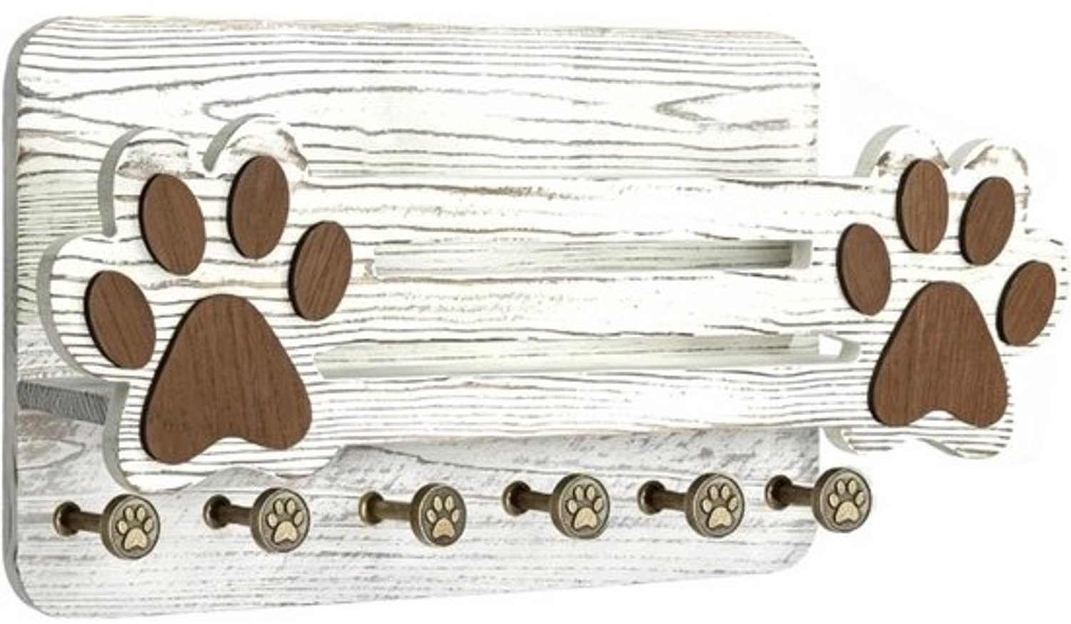 Hondenriemenhouder - Wandplank voor huisdieren - Opgeruimd opbergen - Zes haken - 34 x 20 cm - Wit