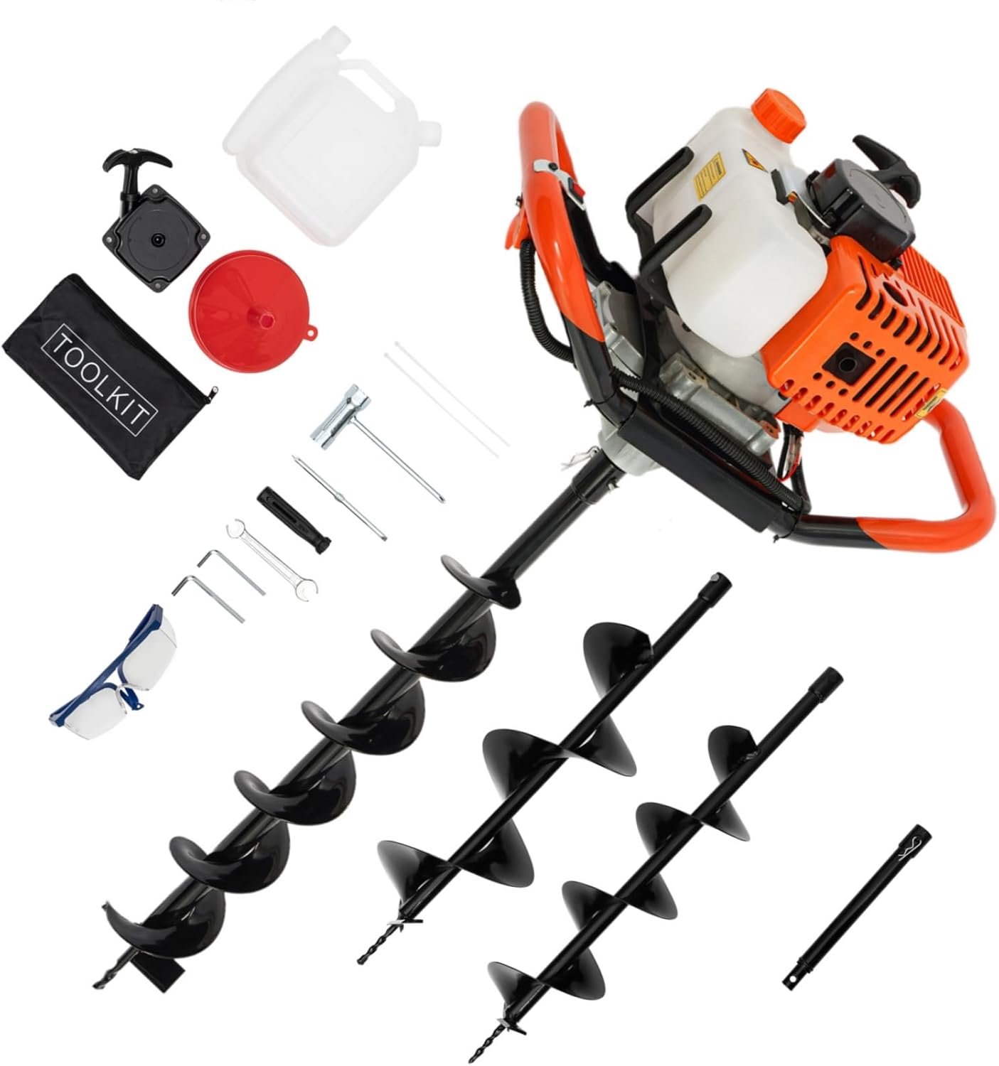 Grondboor 52cc met 3 boorkoppen (100/150/200mm) | 1,98PK & 108cm boordiepte | Brandstofbesparend 600g/kWh + trillingsdemping | Incl. verlenging & accessoireset – voor tuinbouw/paalplaatsing