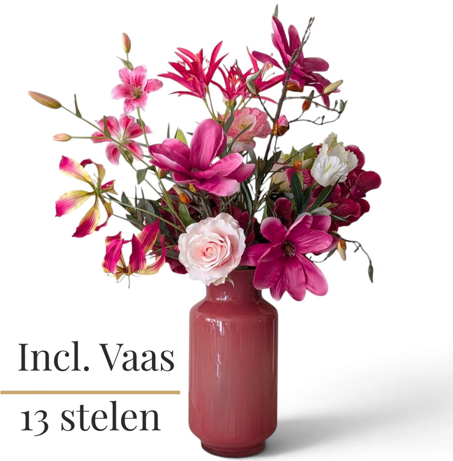 BLOOM & VESSEL Boeket Ruby – Zijden Boeket met Vaas – 90 cm – 13 Stelen – Kunstbloemen – Nepbloemen
