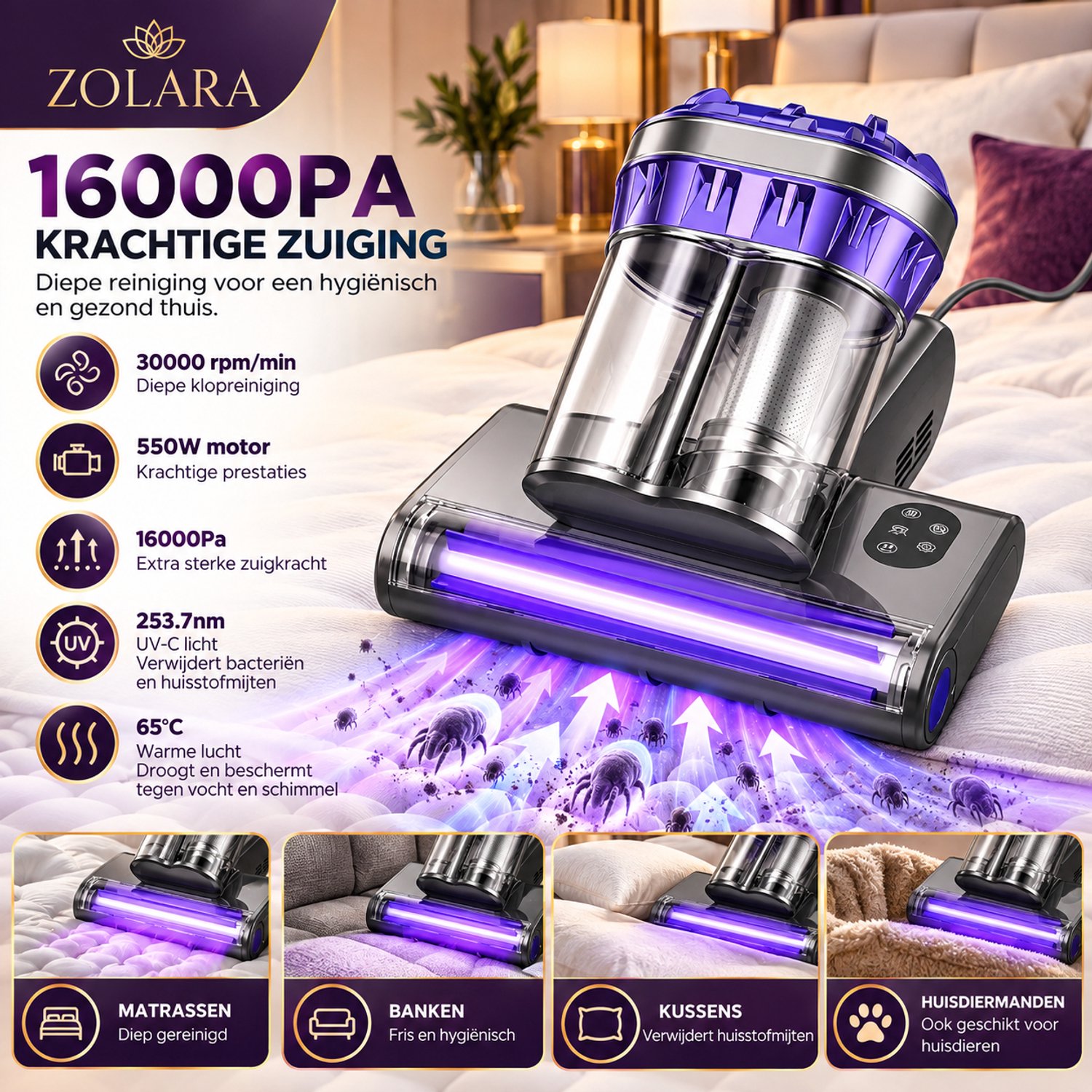 Zolara M1 Matrasstofzuiger - 16 kPa - UV-C - 65°C - HEPA-filter - 550W - Bedstofzuiger voor Matras, Bank & Meubels - Stofzuiger