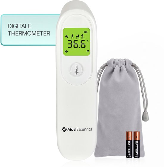 Witte digitale thermometer van MostEssential met groen scherm, inclusief grijs opbergtasje en twee AAA-batterijen.