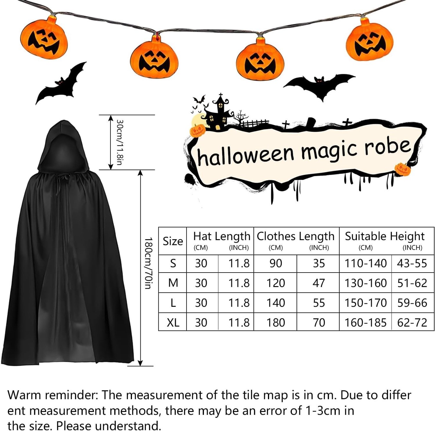 Zwarte Cape met Kap voor Volwassenen, Lange Vampier Kostuum voor Halloween, Carnaval en Feestjes (180 cm)