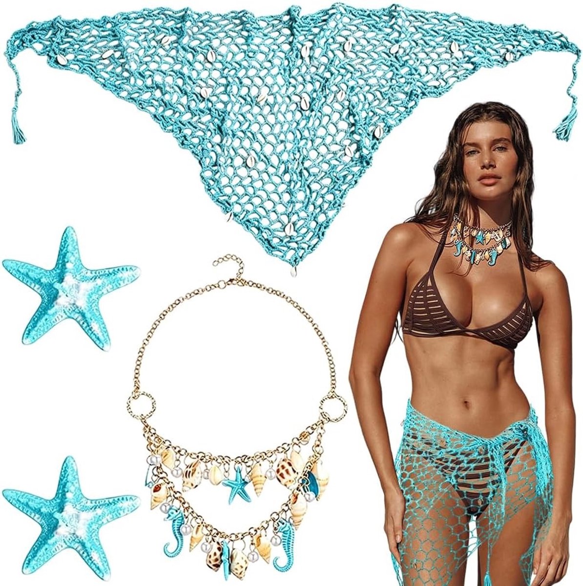 4 stuks zeemeerminkostuum voor dames met turquoise rok, accessoires en gehaakte jurk, perfect voor strand en feest