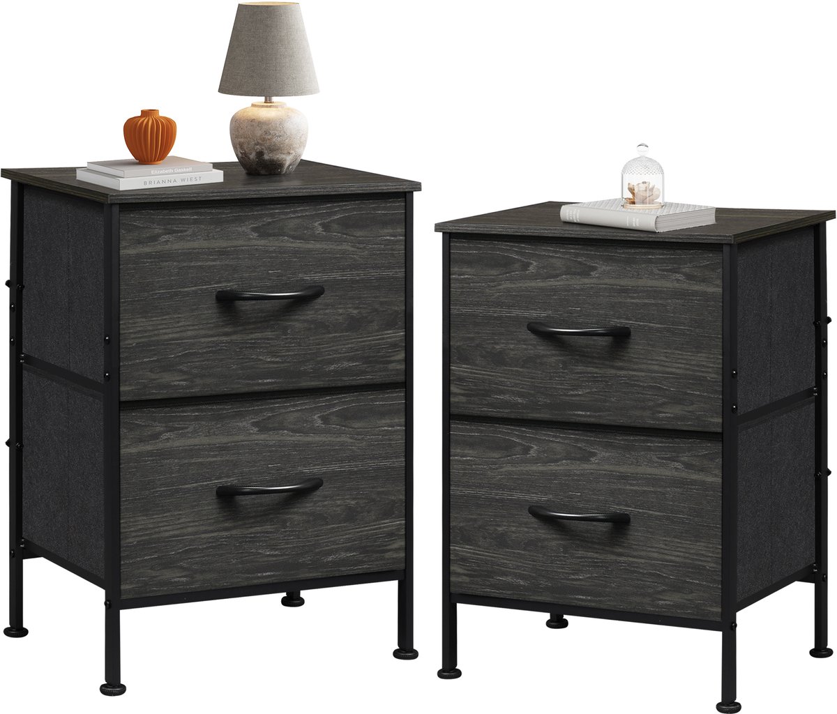 1PCS Ladekast met 2 stoffen laden - Multifunctioneel nachtkastje - Compact bijzettafeltje - Met metalen frame - Zwarte kleur - Geschikt voor slaapkamer, hal en woonkamer
