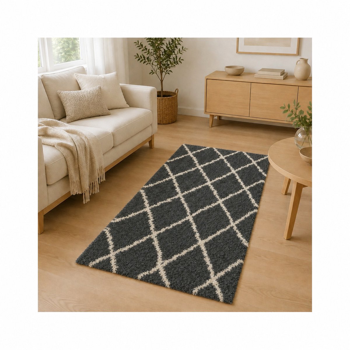 La Sheba Shaggy Wasbaar Hoogpolig Vloerkleed – Antraciet/Wit – Geometrisch Ruitpatroon – 120 x 170 cm