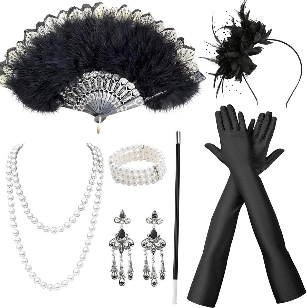Stijlvolle 1920s kostuumaccessoires set voor vrouwen met veren, diadeem, sieraden en handschoenen voor carnaval en themafeesten