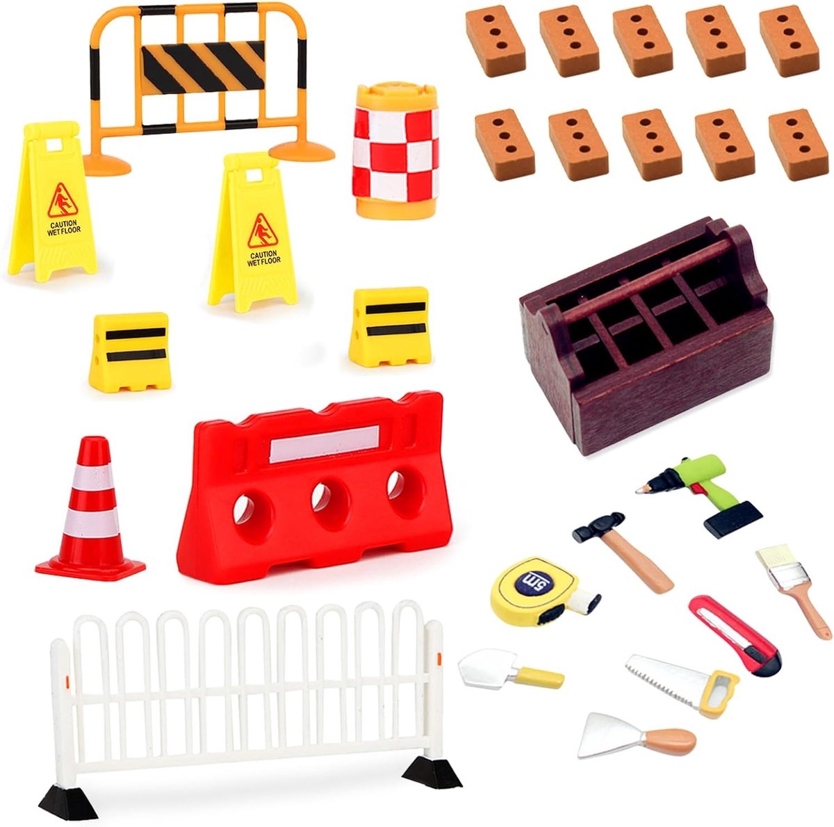 Constructiespeelgoed Set met 28 Stukken - Mini Houten Gereedschapskist, Verkeersborden en Blokkades voor Kinderen