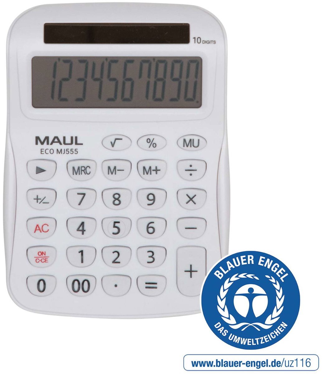 MAUL Bureaurekenmachine ECO MJ 555 LCD-scherm 1-regelig, 10 cijfers Solar 15.4 x 11 x 2.7 cm wit
