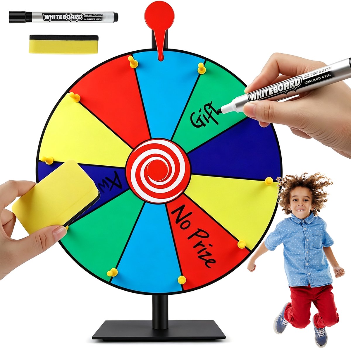 Rad van Fortuin - Draaiwiel 30 cm - Draairad met 10 schrijfvakken - Uitwisbaar - Gezelschapsspel - Afneembare Voet - Inclusief Whiteboardstift & Gum - Voor Feesten & Les & Promoties- Herbruikbaar