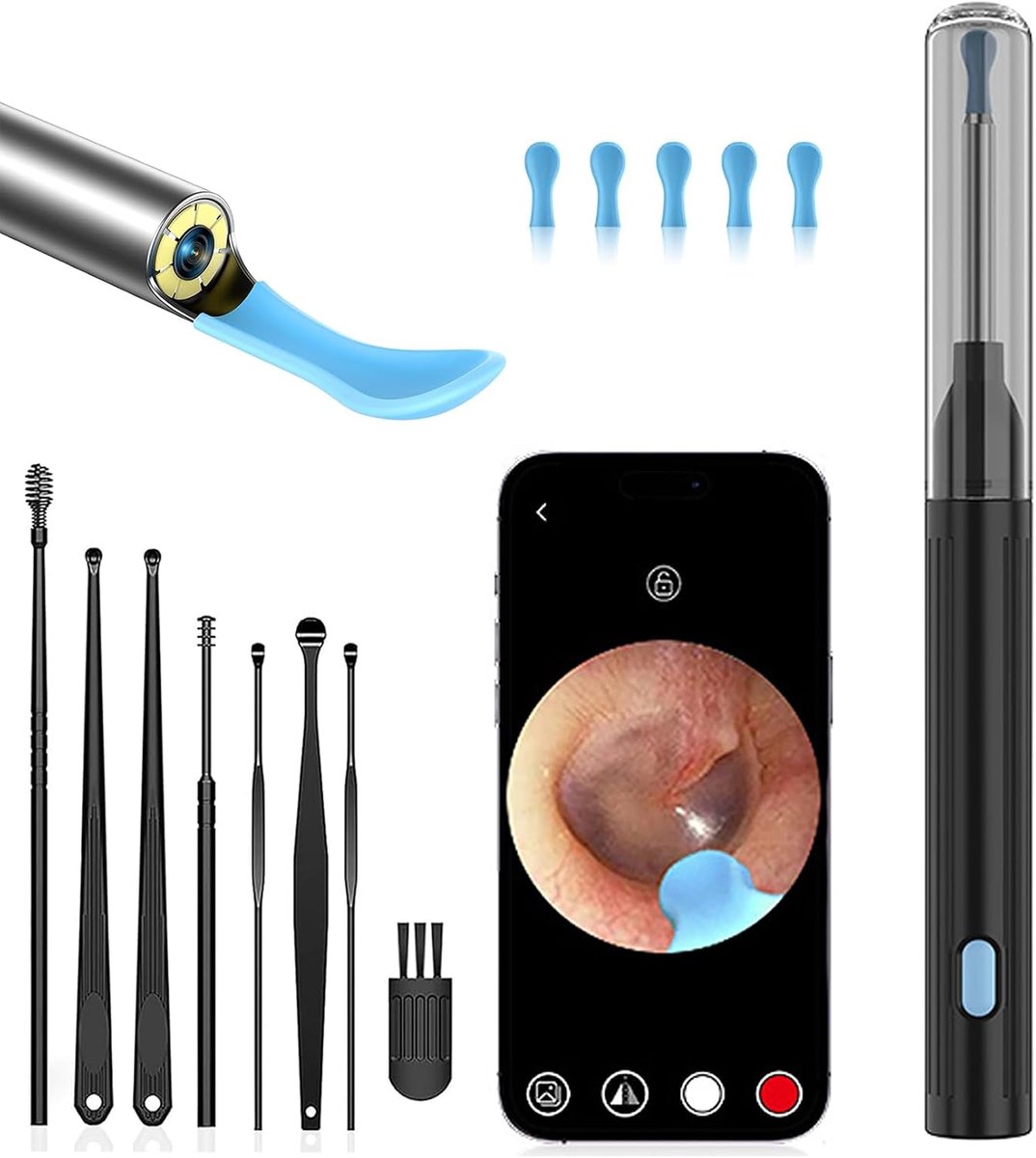 Otoscoop met 1080P HD-camera, met 6 ledlampen, IP67 waterdicht oor otoscopen, ondersteunt iOS en Android-systemen, oorreiniger met 5 siliconen oorschelpen voor volwassenen, kinderen en honden