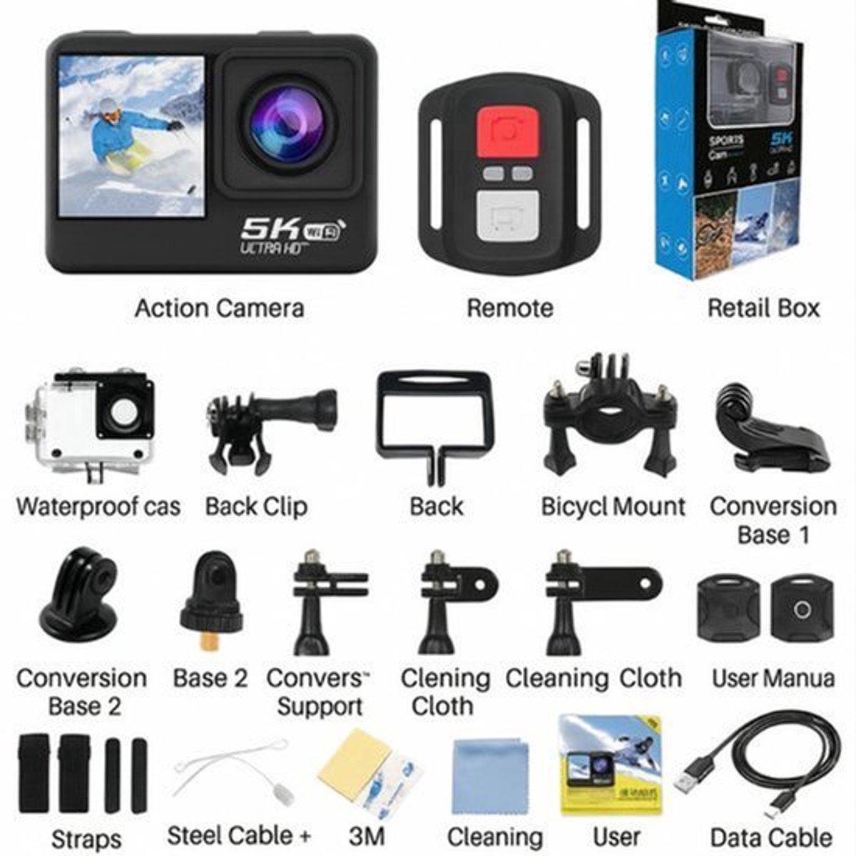 Actiecamera - 5K Ultra HD - 24 MP - Dubbel Scherm - Waterdicht Tot 30m - WiFi - Zwart