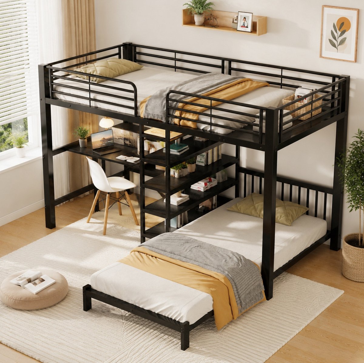 Stapelbed 90x200 cm Met Matras Zonder Matras - Met Bureau En Opbergruimte - Veilig EN747 - Voor Kinderkamer - Metaal MDF - Zwart