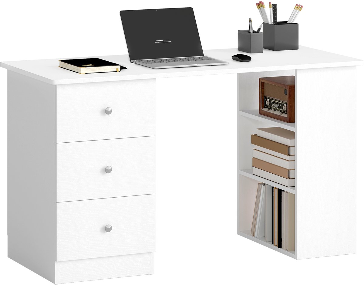 Bureau met PC-lade 120x49x72cm - Inclusief ladekast - Opbergplanken - Geschikt voor slaapkamer en kantoor - Hout - Wit