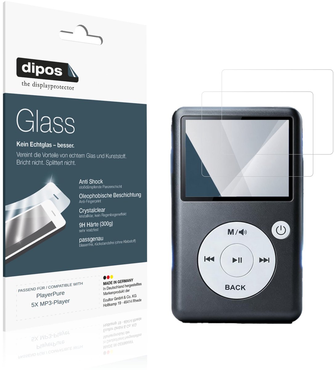 dipos – 2x Pantserfolie geschikt voor PlayerPure 5X MP3-Player | 9H Screenprotector