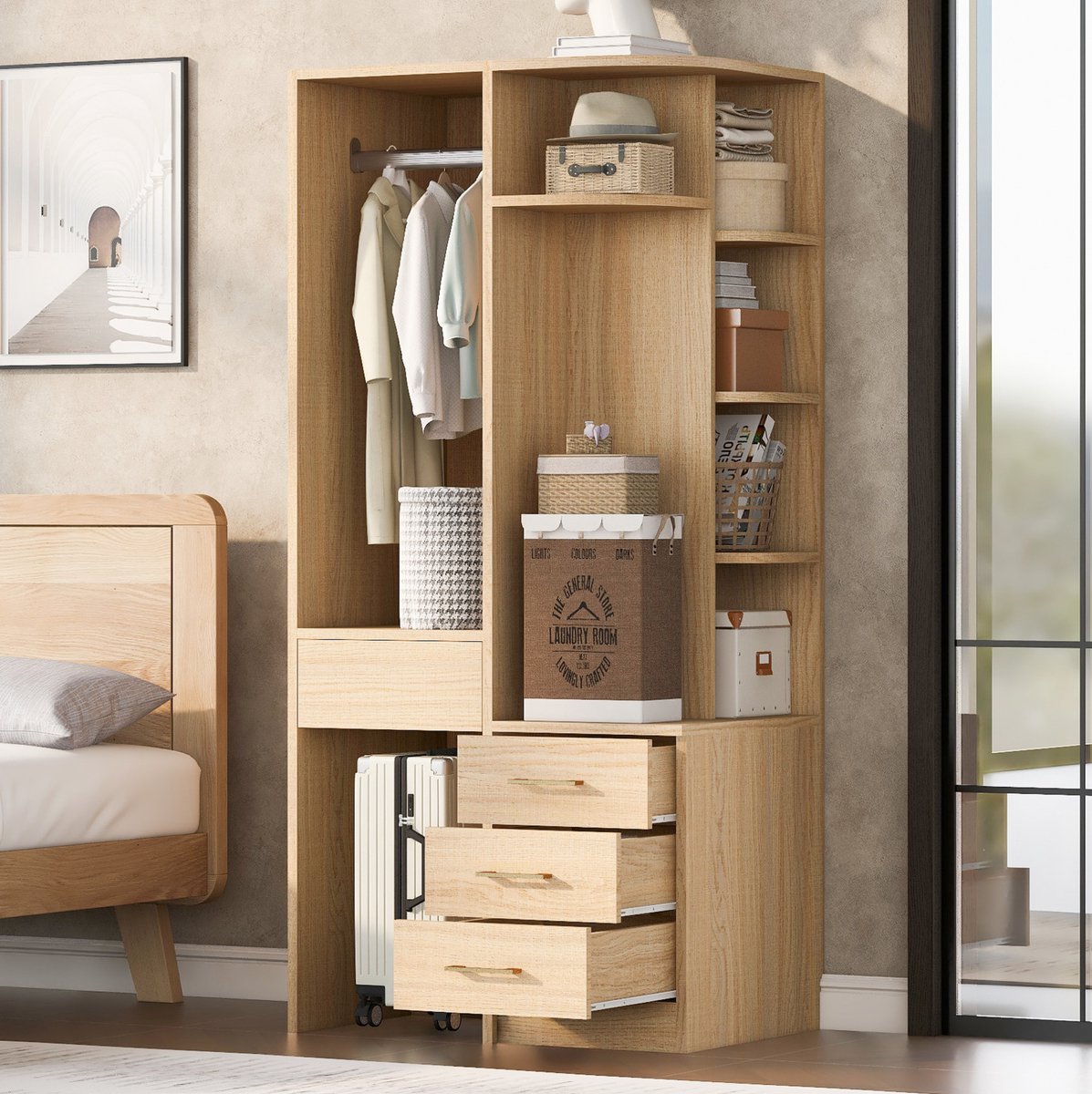REDOM - Kledingkast - Open hanggedeelte met legplanken en lades - Vrijstaande kast - Scandinavische stijl - Slaapkamer en kleedruimte - MDF - Houtkleur - 70 x 55 x 175 cm