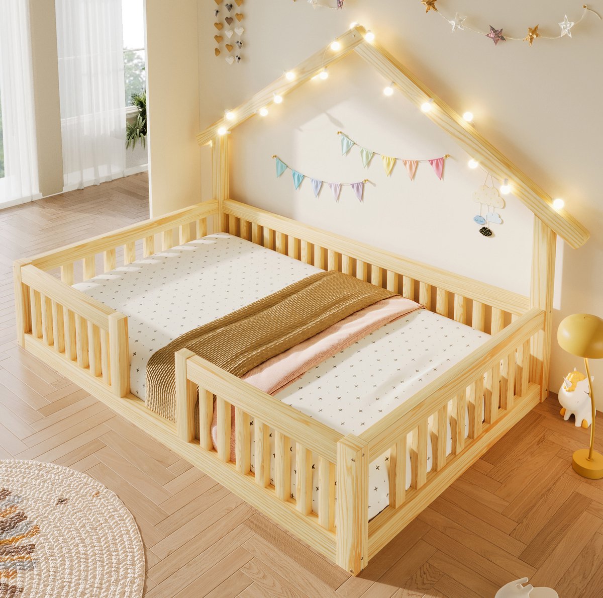 Kinderbed 90x200 cm - Huisbed met Veiligheidshekje en Led-Lichtslinger - Zonder Matras - Laag Vloerbed van Hout - Naturel