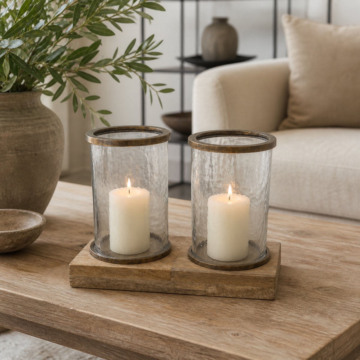 Hoppa! Dubbel Windlicht op Houten Voet - Naturel/Antiek Messing - 33 x 17 x 23 (B x D x H)
