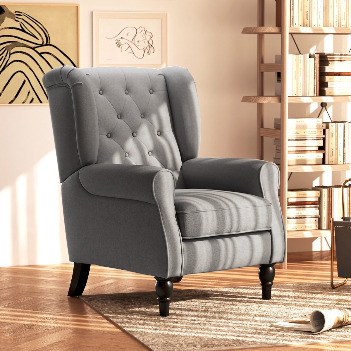 MODFU Fauteuil - Gecapitonneerde Hoge Rugleuning - Klassiek - Polyester - Donkergrijs