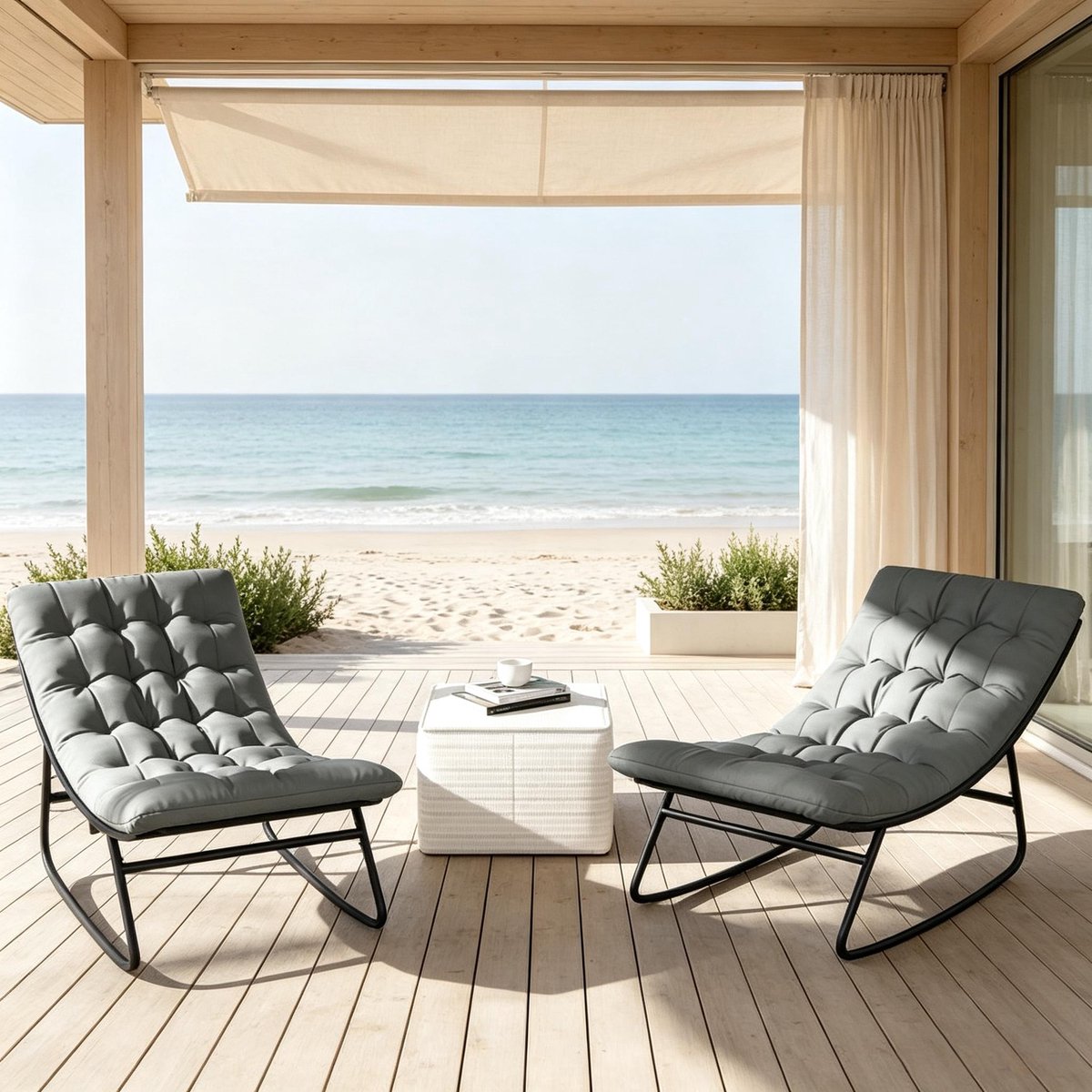 HAUSS SPOLE Fauteuil - Schommelstoel Set Van 2 - Comfortabel Met Dik Kussen En Stevige Stalen Basis - Voor Tuin, Terras En Balkon - Donkergrijs Zwart