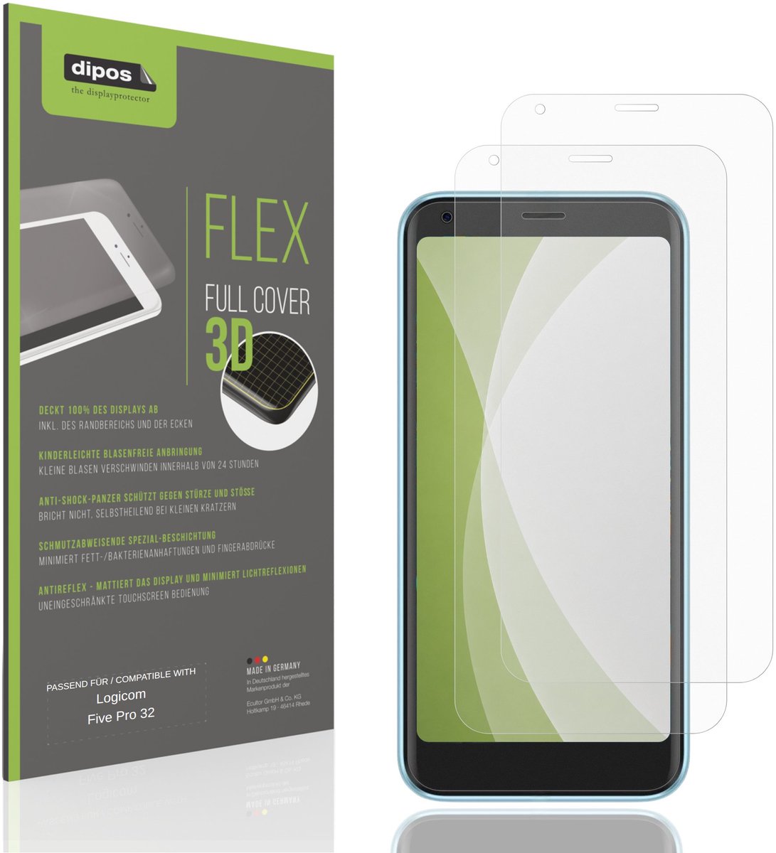 dipos FLEX – 2x Matte Screenprotector geschikt voor Logicom Five Pro 32 | Volledige Schermbescherming | Case-Friendly