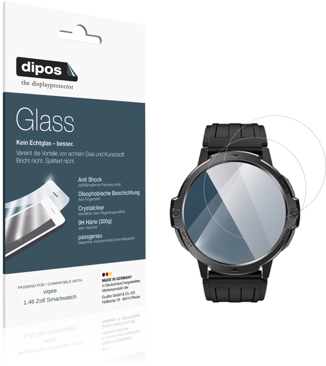 dipos – 2x Pantserfolie geschikt voor viqee 1.46 Zoll Smartwatch | 9H Screenprotector