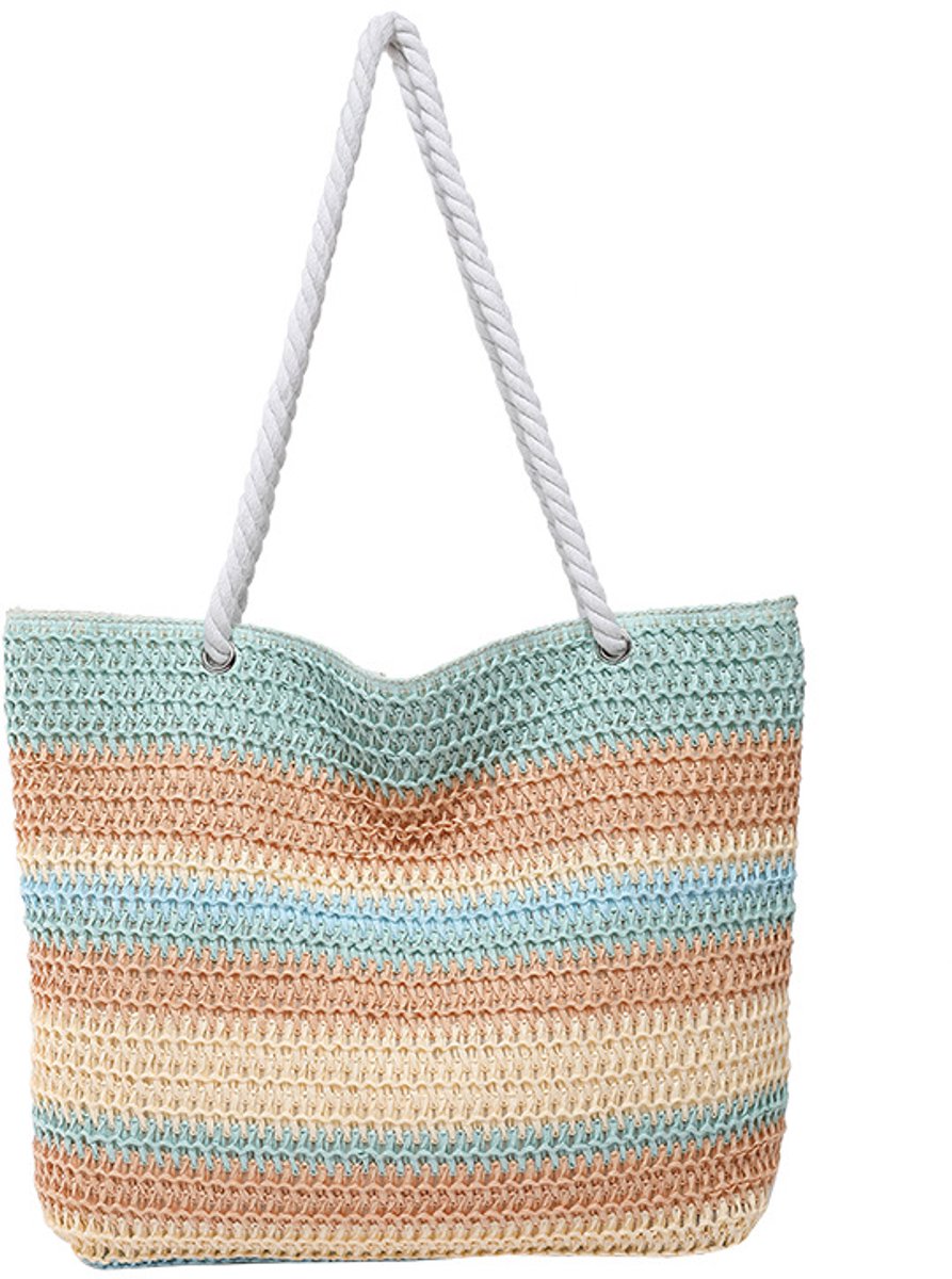 Vrouwelijke regenboog gras knitted tas grote lichte rits strand tas gestreepte gras knitted handtas grote capaciteit strand vakantie