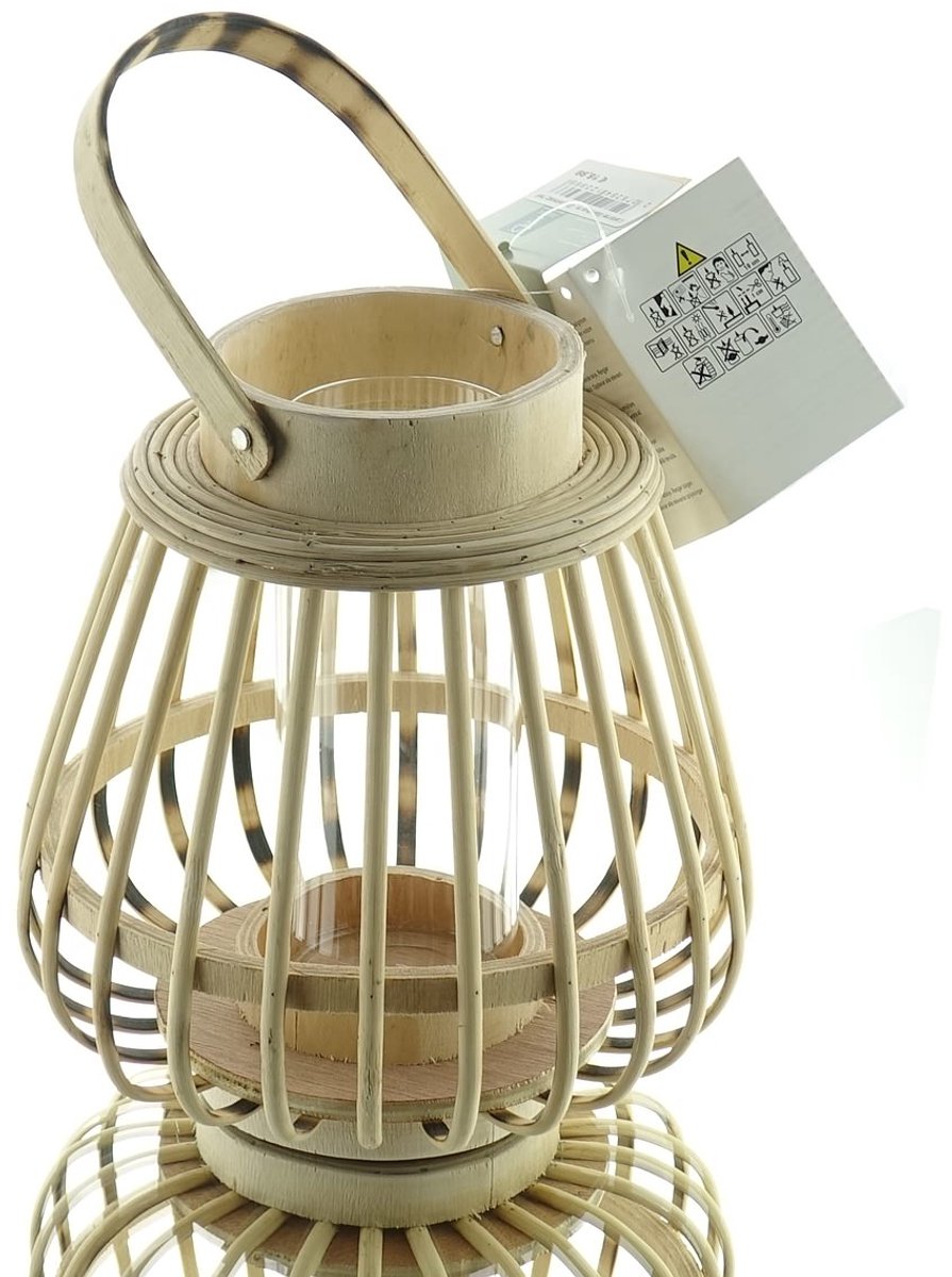 Kaemingk bamboe lantaarn beige met glazen inzet 30 cm