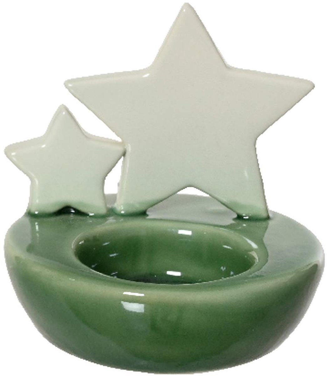 Kaemingk Theelichthouder Sterren Groen-Wit Ø 8,5x9 cm - Porselein