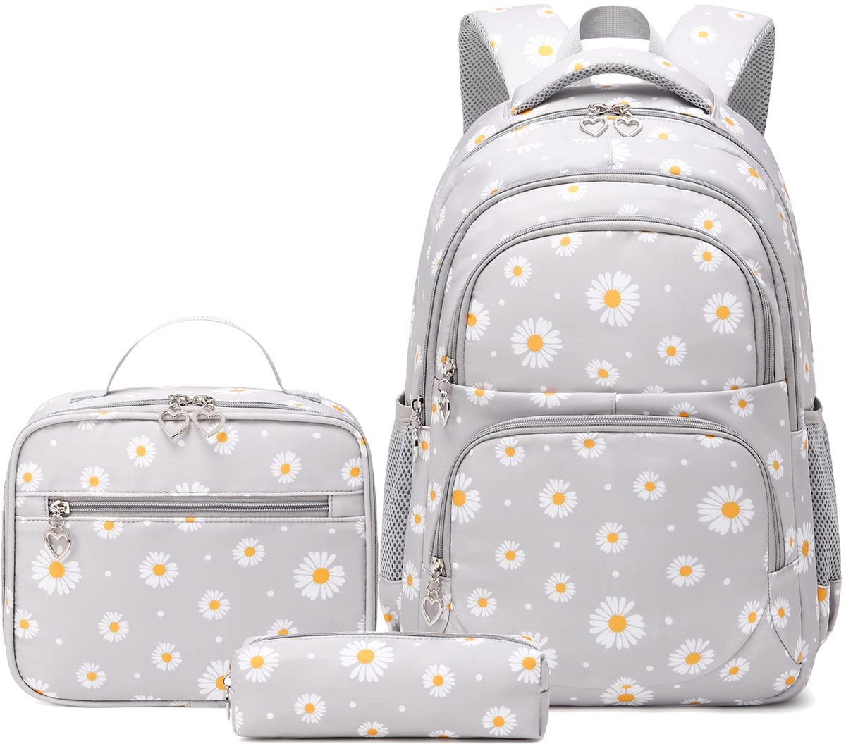 Casalora® Schoolrugzak Meisjes – 3-delige Rugzak Set met Lunchtas en Etui – Grijs Madeliefjesprint – Waterafstotend en Lichtgewicht – Schooltas voor Tieners en Meisjes