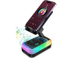 Draadloze Inductiespeaker met Telefoonstandaard, 5-in-1 Bluetooth Speaker met RGB-verlichting en 3000mAh Noodlader, Verstelbare Houder, Geschikt voor Apple iPhone en iPad, Samsung Galaxy en Android-apparaten, Praktisch Gadget-Zwart