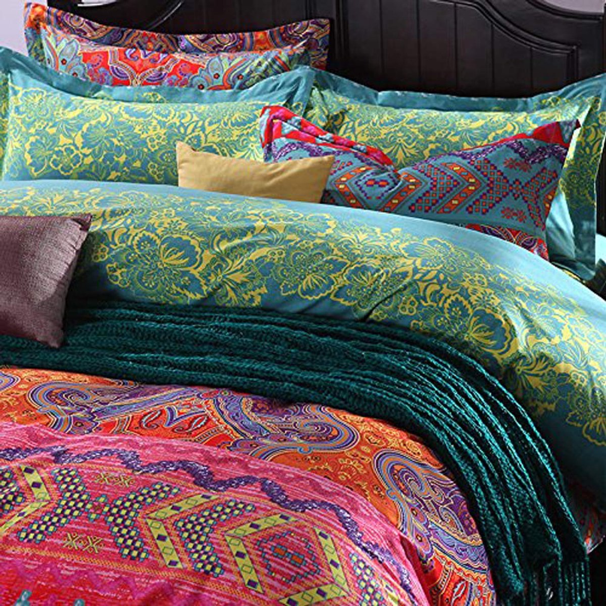 Ibenzoa ® Boho Microvezel - Dekbedovertrekset - Rood - 2-delig - Ritssluiting - Kussensloop Geel
