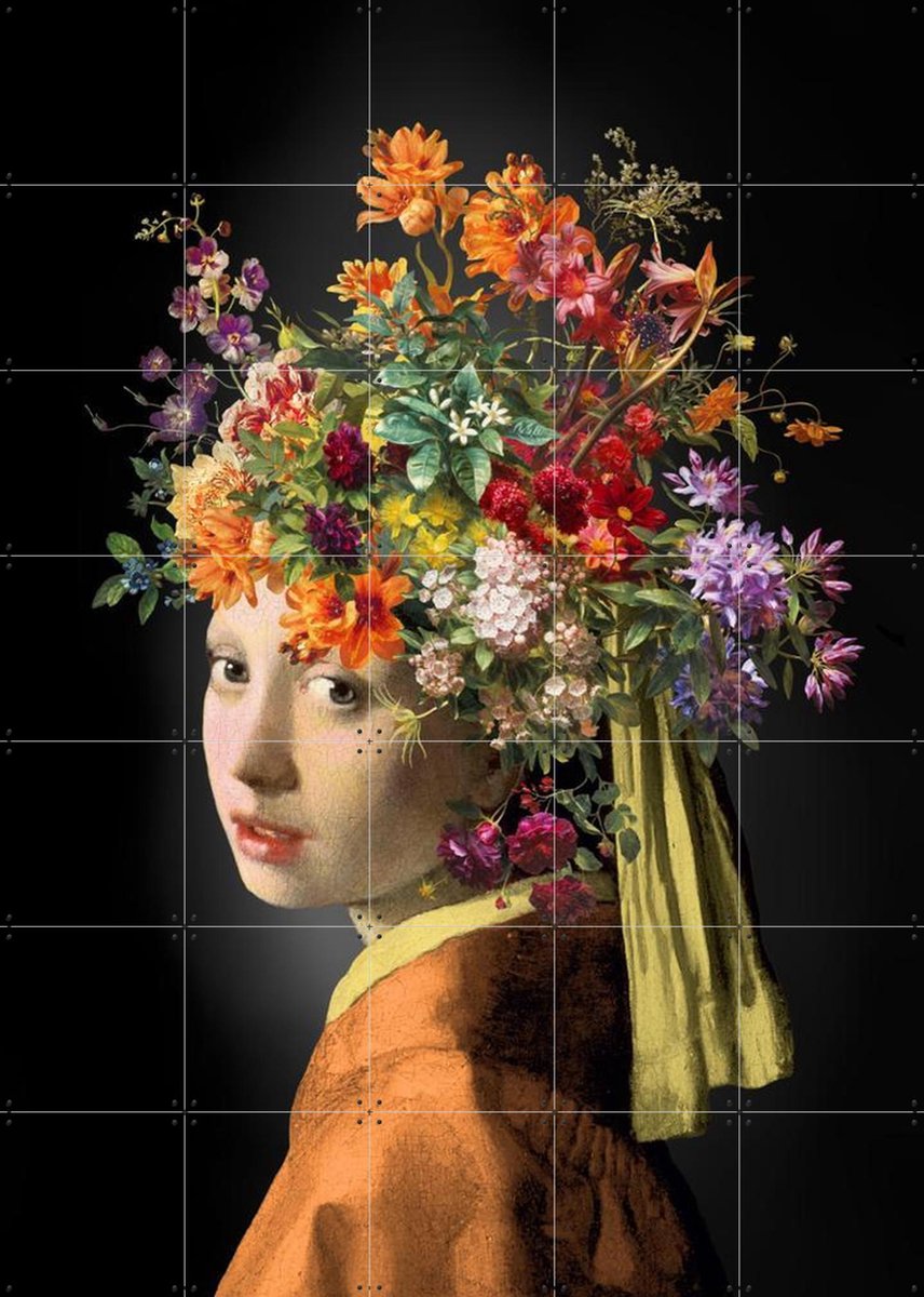 IXXI Meisje met de Parel – The Orange Autumn Edition, Marja van den Hurk - 100 x 140 cm - Gratis ophangtool - Grote wanddecoratie en posters -