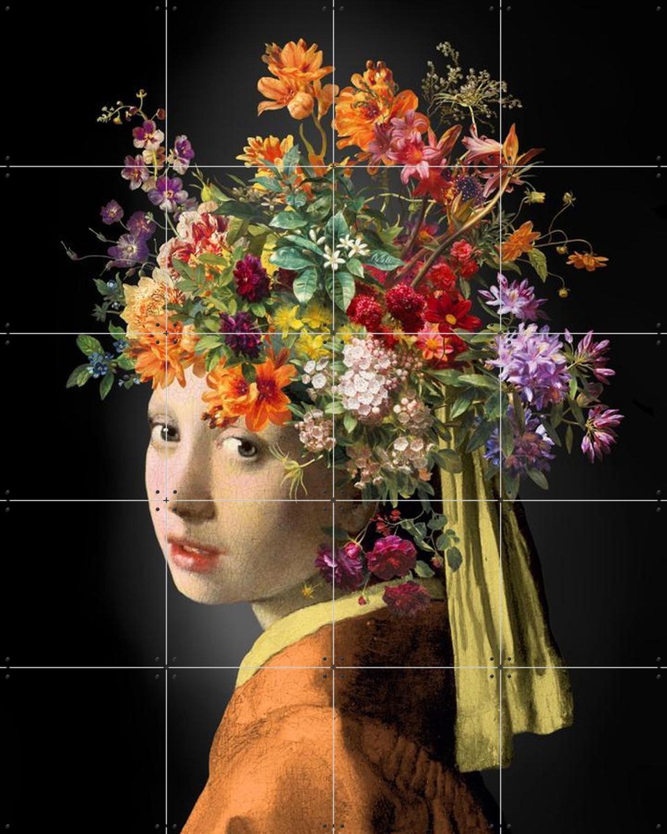 IXXI Meisje met de Parel – The Orange Autumn Edition, Marja van den Hurk - 80 x 100 cm - Gratis ophangtool - Grote wanddecoratie en posters - Collage