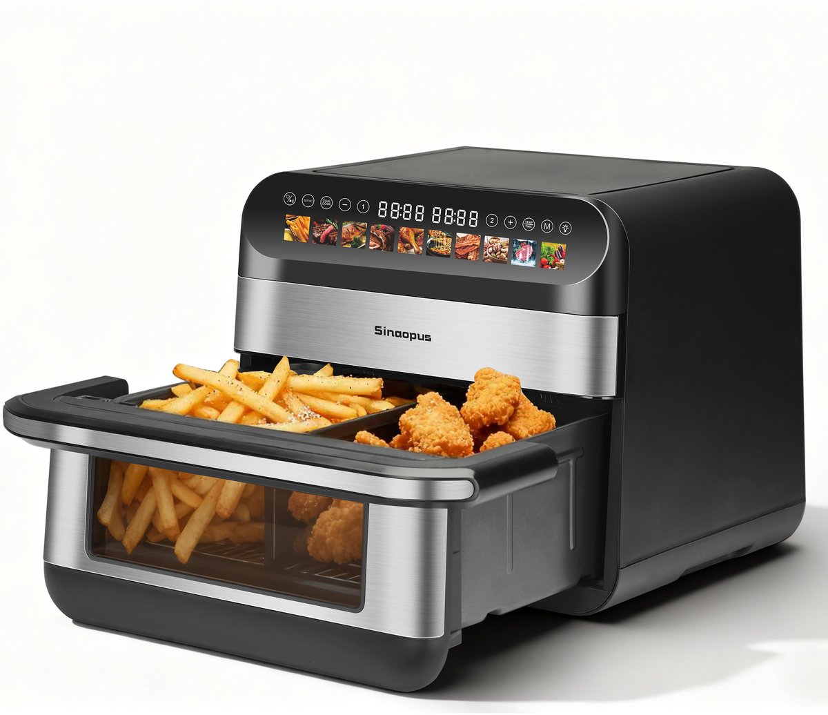 Digitale Airfryer XXL 12L Sinaopus - Dubbele Mand met 2×5L - 2400W - 10 Programma’s - Smart Finish & Match Cook - 80–200°C Instelbaar - Onafhankelijke Bediening & Veilig Pauzesysteem - Automatische Keerherinnering & Binnenverlichting