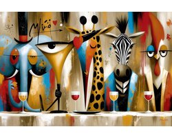 John Joseb Art (Canvas) 90x60 | Gekke grappige dieren aan tafel, wijn drinken, humor, Joan Miro stijl, abstract, kunst, dier, zebra, olifant, giraffe, kip, haan, rood, bruin, blauw, modern | Foto-Schilderij canvas print (wanddecoratie)