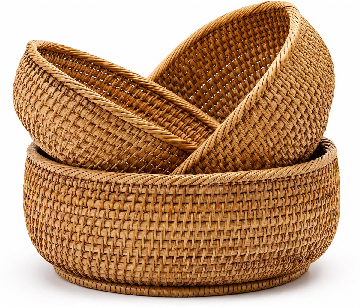 Kaiyaya - 1 set Opbergmand - Natuurlijk rattan - 3 stuks rond - Handgeweven en stapelbaar - Voor fruit en snacks