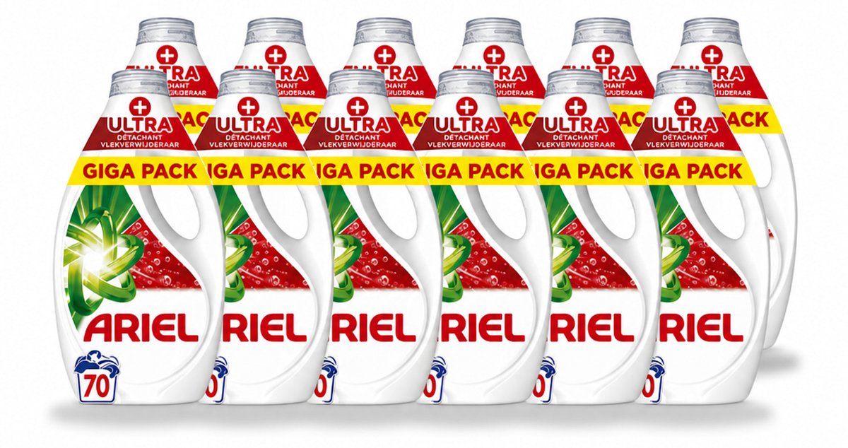12 x Ariel - Vloeibaar Wasmiddel - +Ultra Vlekverwijderaar - 70 Wasbeurten - 3150 ml - Voordeelverpakking - 12 stuks