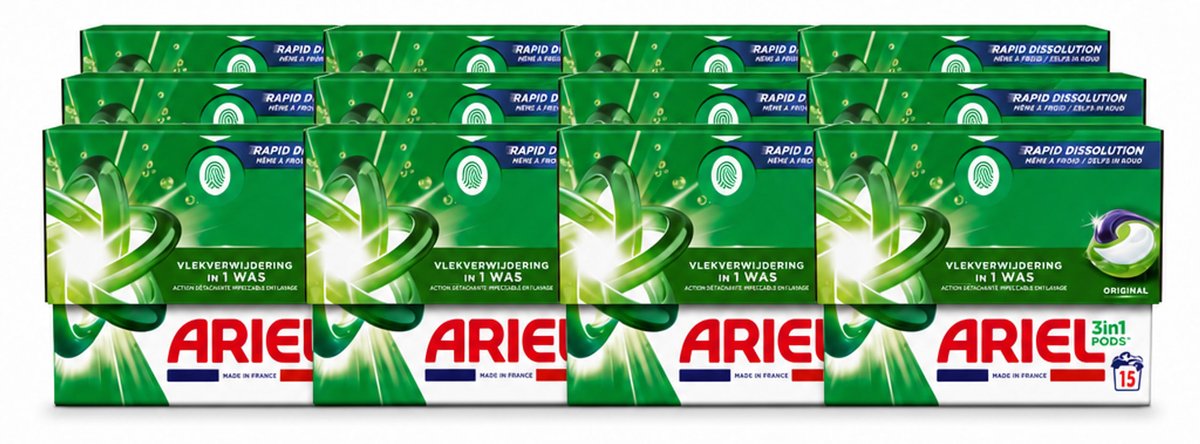 12 x Ariel - 3in1 Wasmiddel Pods - Original - 15 Pods - Voordeelverpakking - 12 stuks