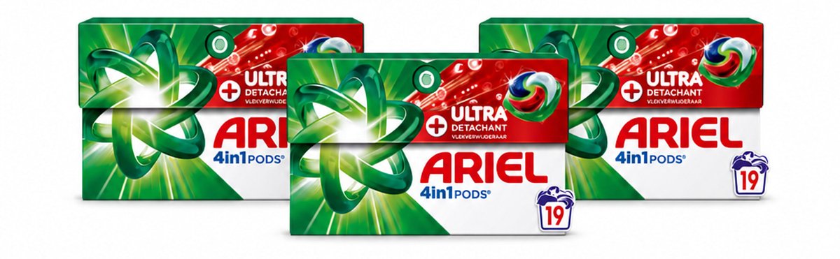 3 x Ariel - 4in1 Wasmiddel Pods - Ultra Vlekverwijderaar - 19 Pods - Voordeelverpakking - 3 stuks
