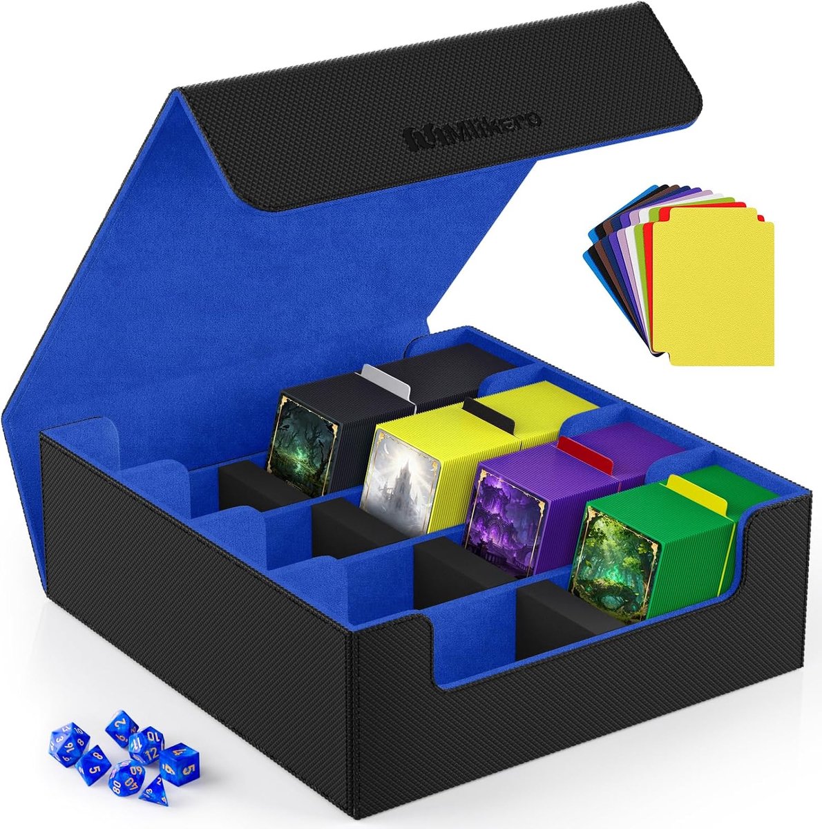 Kaarten opbergbox voor 2400+ kaarten magnetische deck box met 4 vakken en kaartverdelers zwart blauw