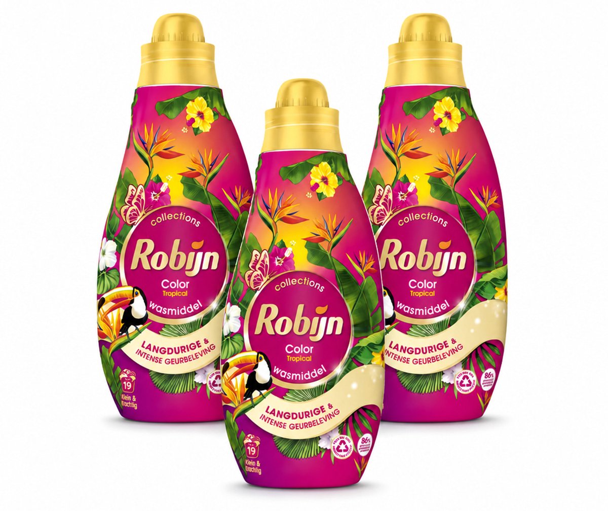 3 x Robijn - Klein & Krachtig Color Tropical - Wasmiddel - 19 Wasbeurten - 665 ml - Bulkverpakking - 3 stuks