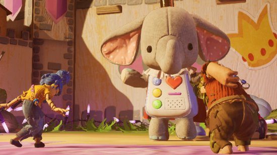 Een grote, zachte olifant met een schort met knoppen, voor twee spelers.