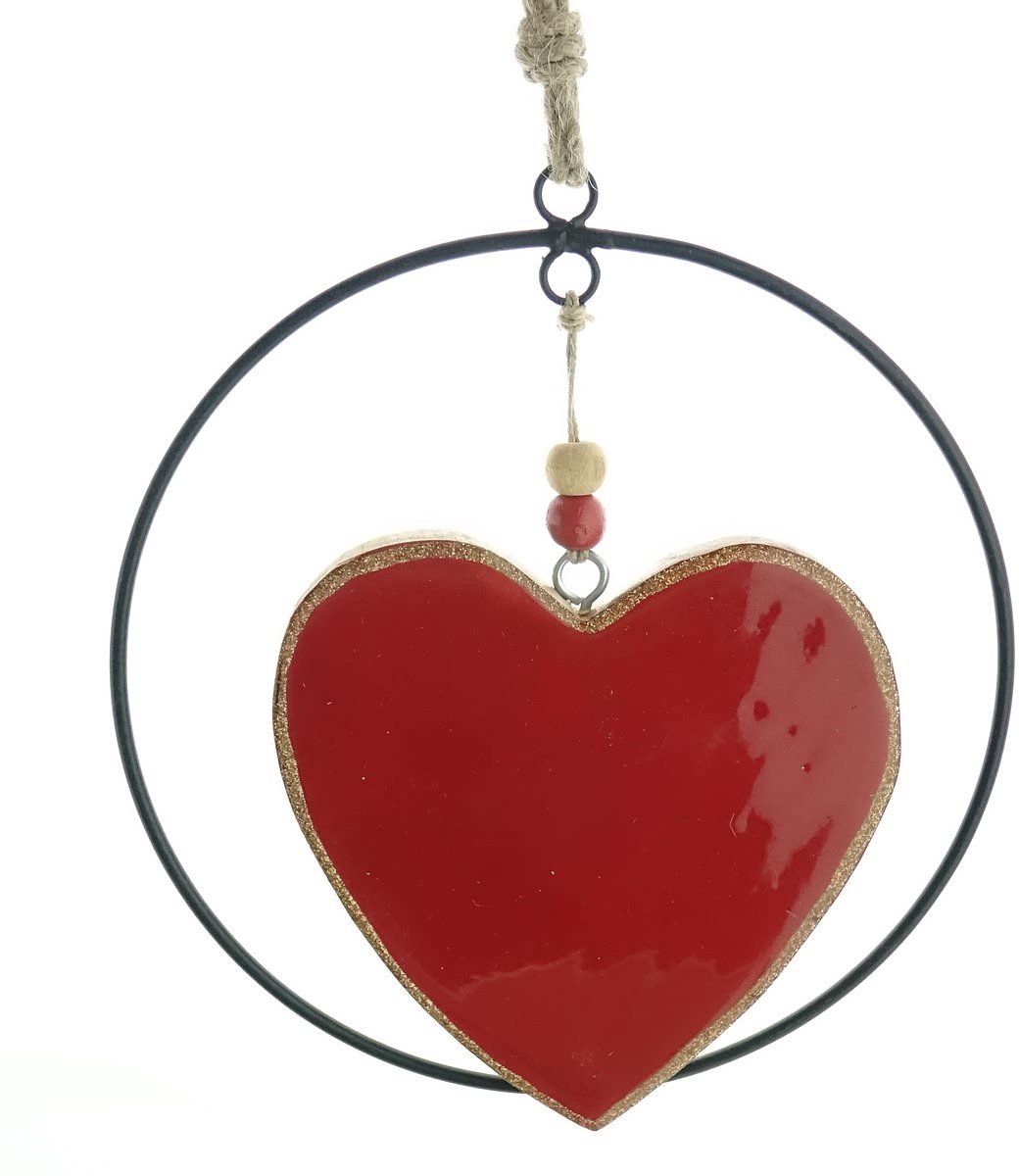 Gasper kersthanger hart rood met zwarte ring Ø 20 cm - hout en metaal