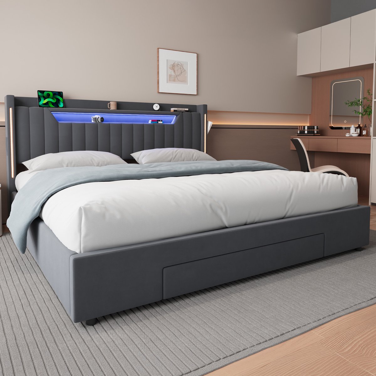STILVORA Tweepersoonsbed – LED Verlichting En Opbergruimte – 180 x 200 cm – Fluweel, Hout En Metaal – Donkergrijs – Met Laden En Verstelbaar Hoofdbord