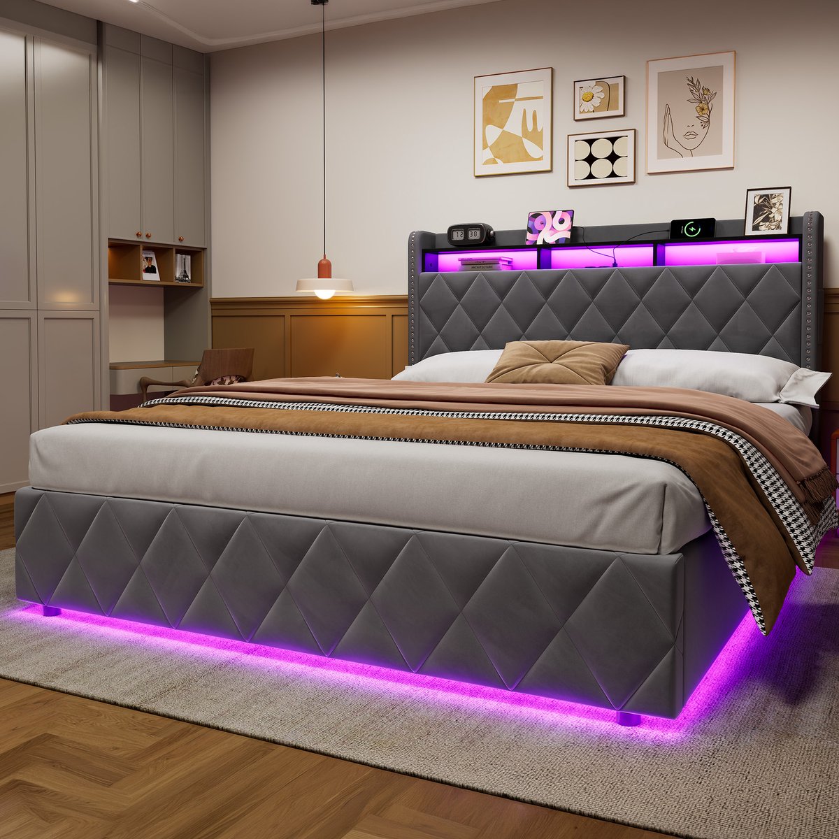 STILVORA Bed – LED-Verlichting En Oplaadfunctie – 160 x 200 cm – Fluweel Hout Metaal – Donkergrijs – Met Opbergruimte En Verstelbaar Hoofdbord