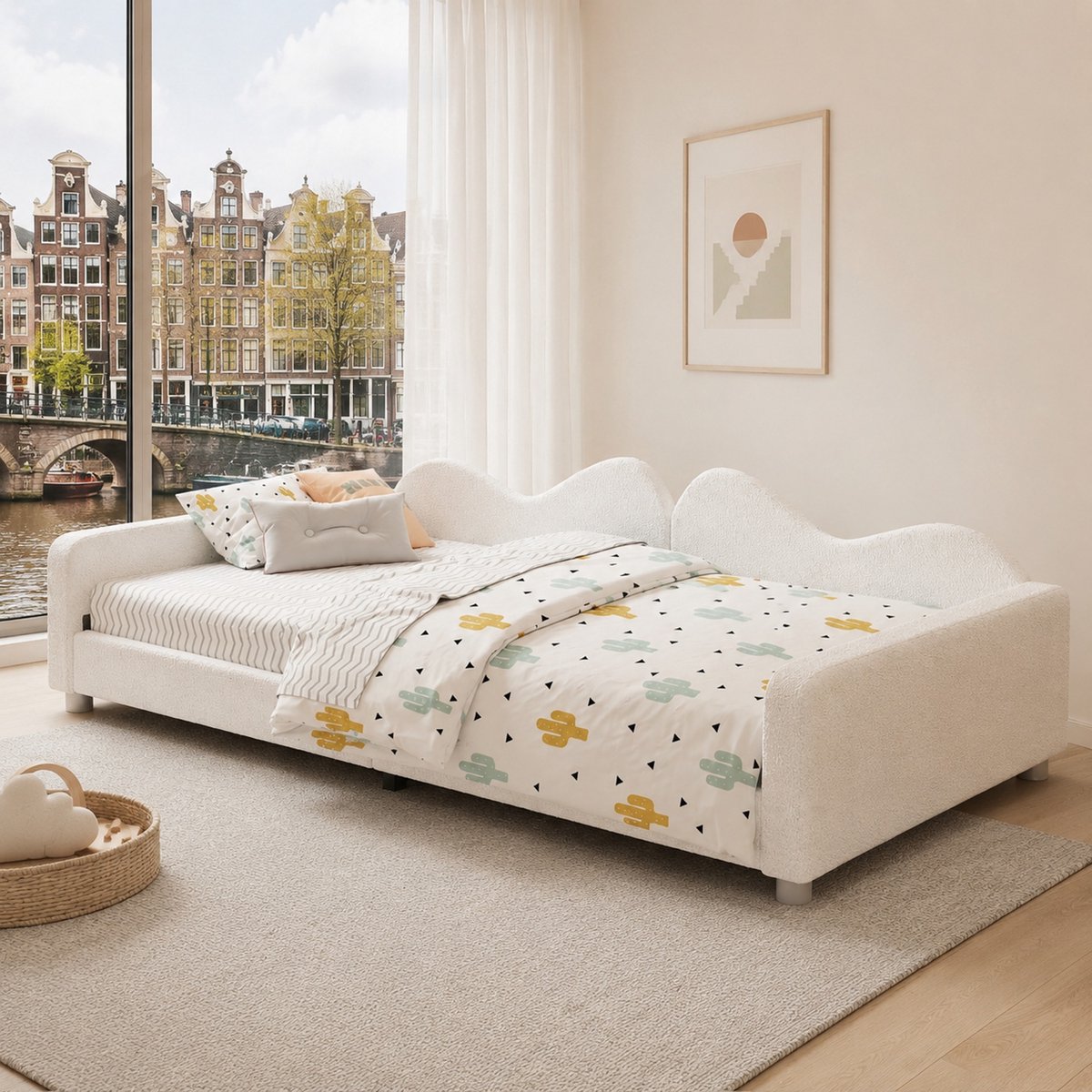 Kinderbed Polsterbett 90x200cm Teddystof - Multifunctioneel Kinderbed met Rugleuning en Armleuningen, Kan als Gastenbed of Slaapbank Gebruiken, Wit