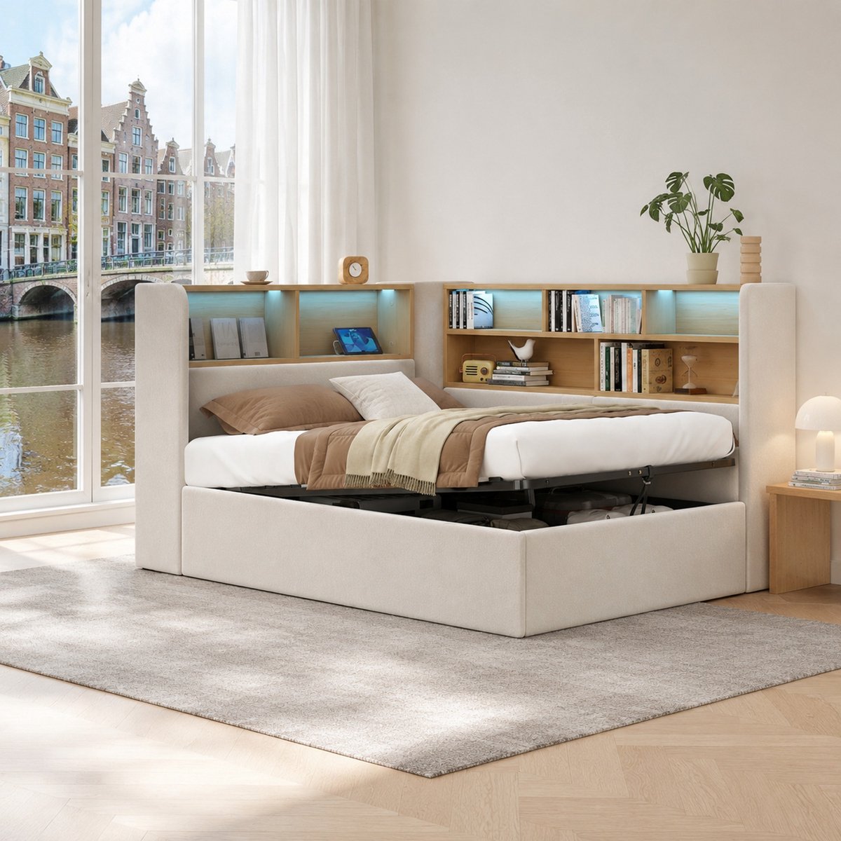 WUVRIE Bedbank 90x200 cm met hydraulische opbergruimte, LED, USB en fluwelen bekleding, beige