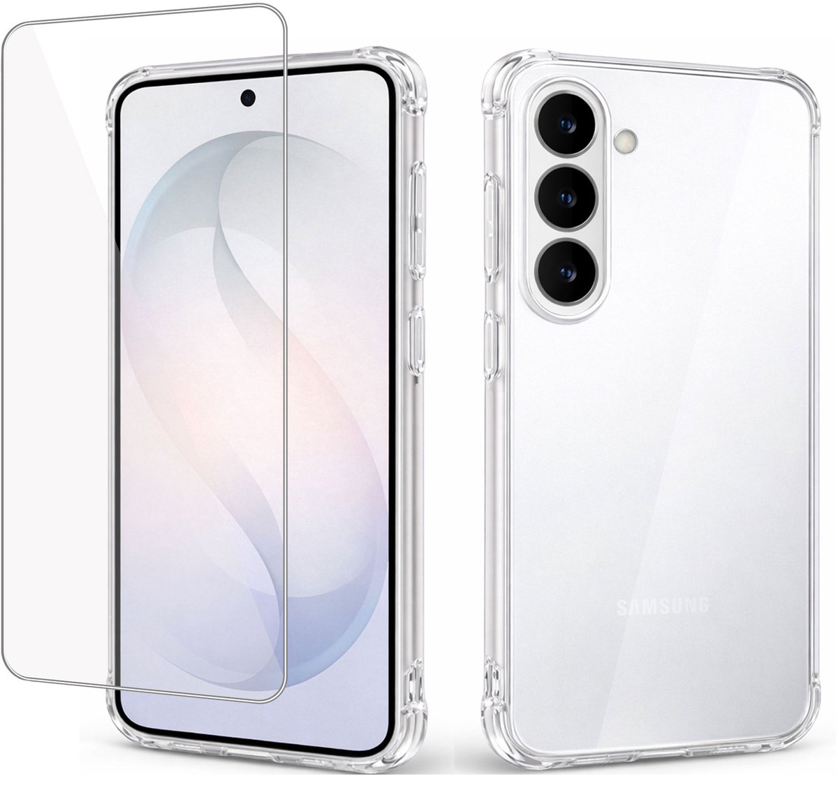 Hoesje + screenprotector geschikt voor Samsung Galaxy S26 FE - Luchtkussens - Siliconen Hoes - Gehard Glas - Transparant - geschikt voor Samsung Galaxy S26 FE