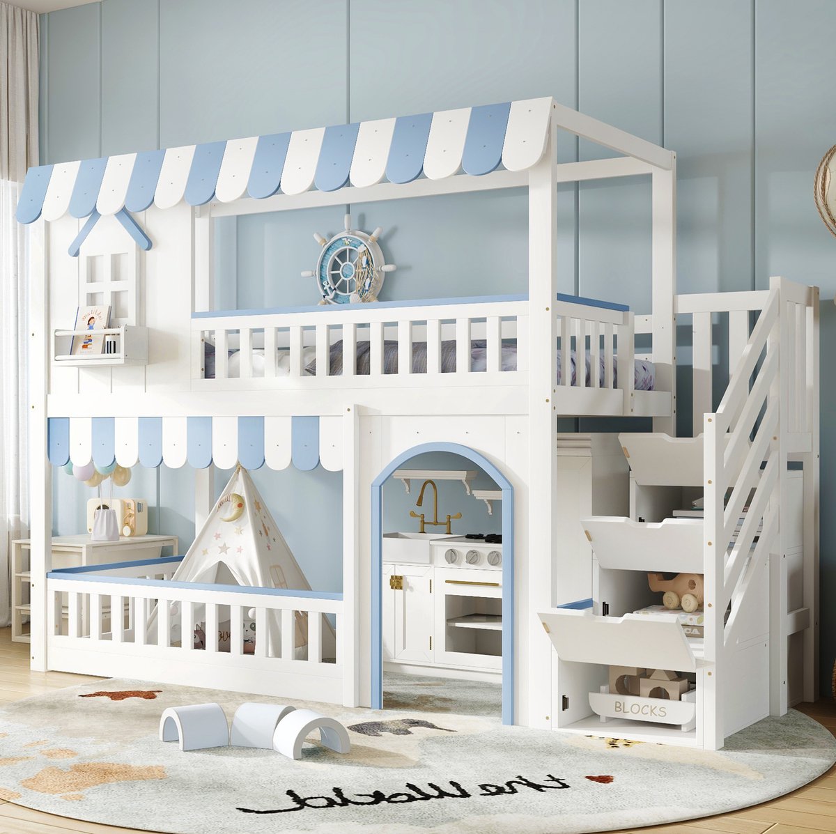 COVREO Stapelbed met trapopberging – Kinderbed met lattenbodem en veiligheidsrails – Bed voor kinderkamer – 90x200 cm – Wit/Blauw - zonder matras Wit + blauw