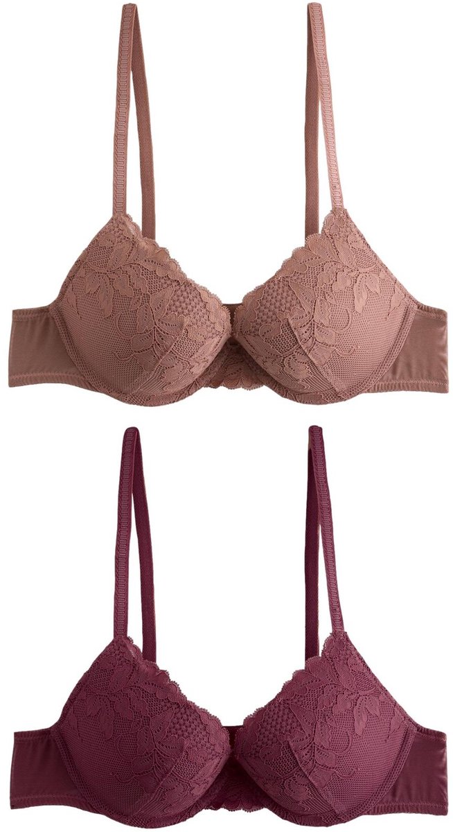 Next Dames - Set van 2 push-up beha's met lage decolleté en kant - Bruin Plum/Tan Brown